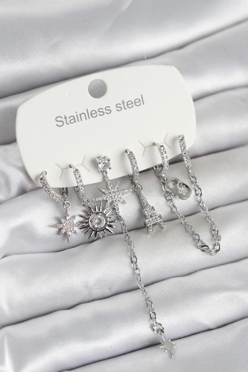 316L Çelik Gümüş Renk 6'lı Set Charmlı Kadın Küpe