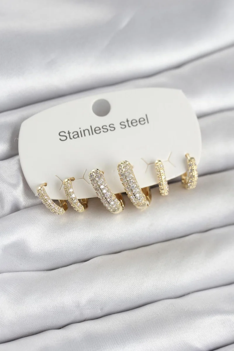 316L Çelik Gold Renk 6'lı Set Zirkon Taşlı Halka Model Kadın Küpe