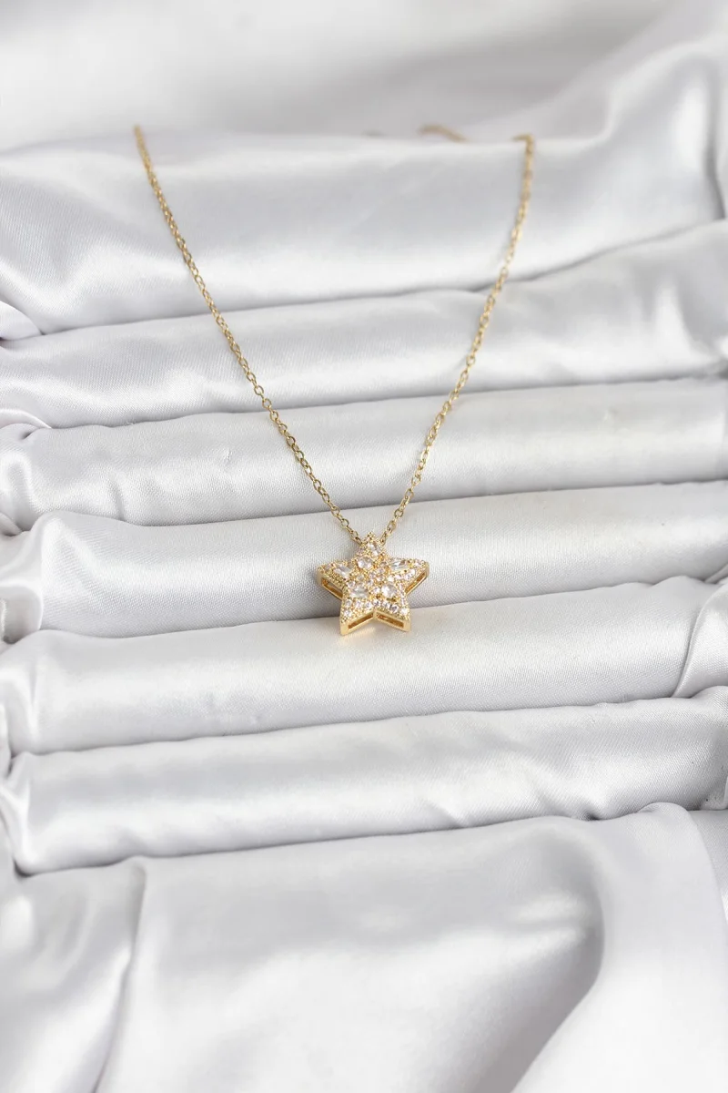 316L Çelik Zincir Gold Renk Zirkon Taşlı Yıldız Model Kadın Kolye