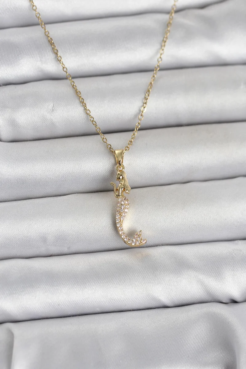 316L Çelik Zincir Gold Renk Zirkon Taşlı Deniz Kızı Model Kadın Kolye