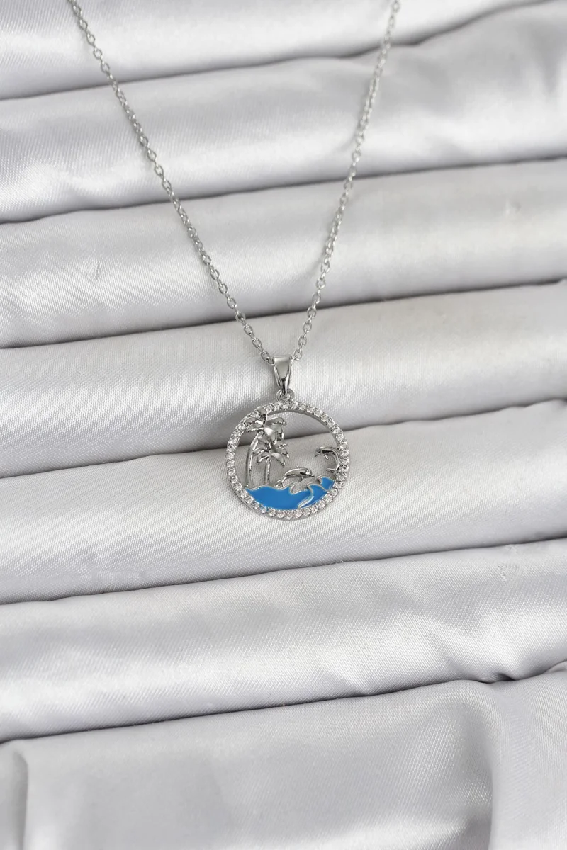 316L Çelik Zincir Gümüş Renk Zirkon Taşlı Deniz Temalı Kadın Kolye