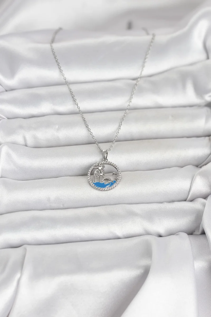 316L Çelik Zincir Gümüş Renk Zirkon Taşlı Deniz Temalı Kadın Kolye