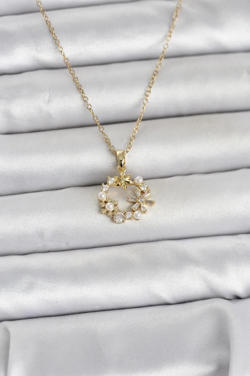 316L Çelik Zincir Gold Renk İncili Çiçek Model Kadın Koyle