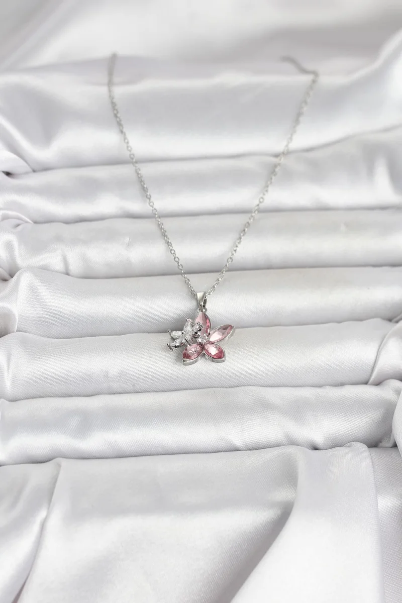 316L Çelik Zincir Gümüş Renk Pembe Lotus Model Kadın Kolye