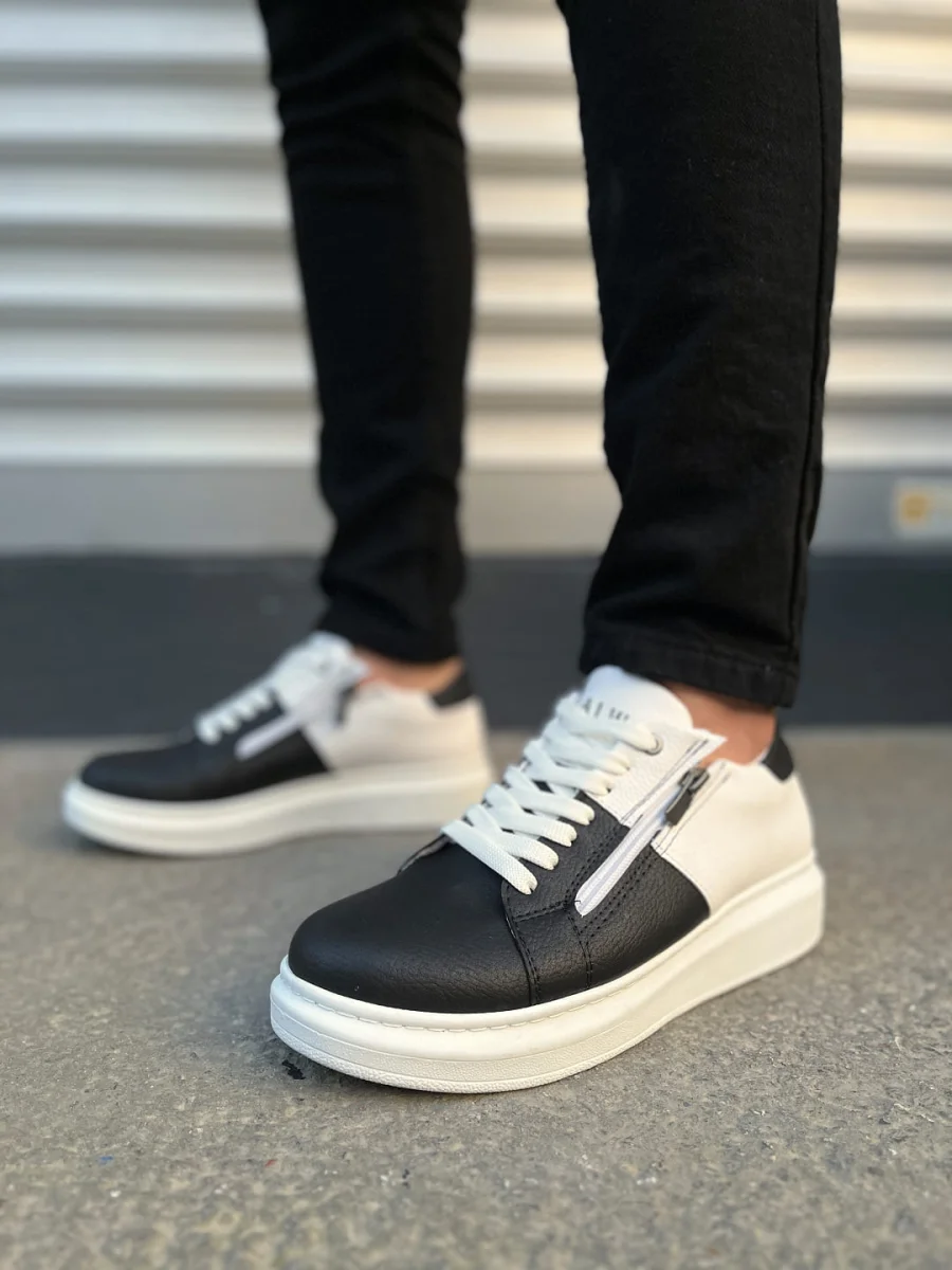 JY155 Warrior Bağcıklı ve Fermuarlı Cilt Erkek Günlük Sneaker Ayakkabı CBT - Beyaz/Siyah