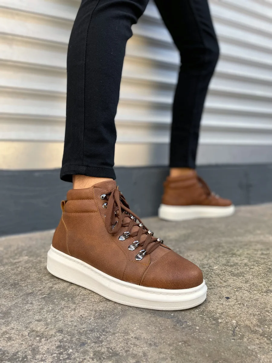 JY206 Ottawa Bağcıklı Ortopedik Taban Cilt Erkek Spor Bot CBT - Taba