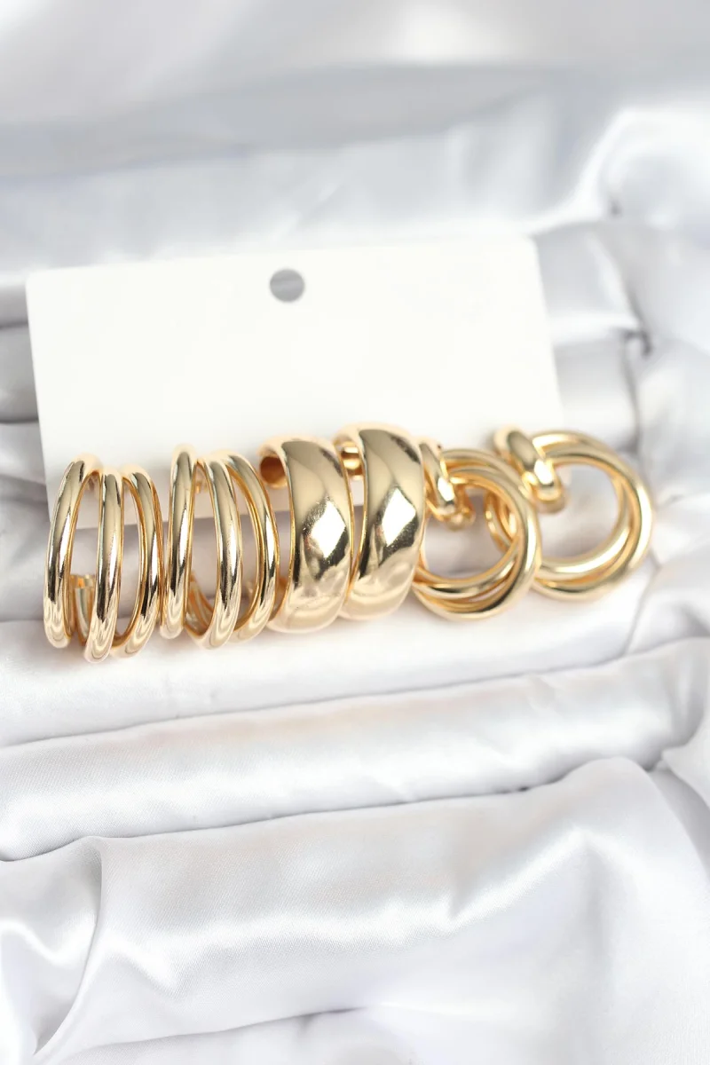 Pirinç Gold Renk 3 Çift Vintage Kadın Küpe Seti