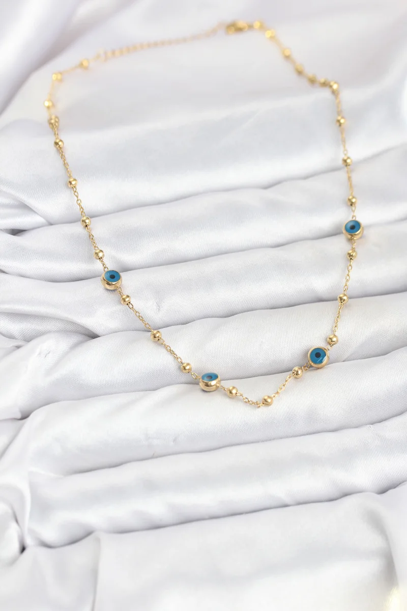 316L Çelik Gold Renk Nazarlı ve Topçuklu Model Kadın Kolye