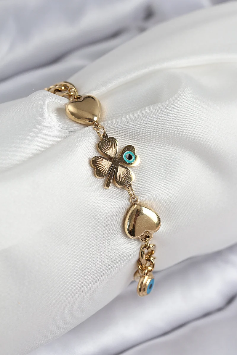 316L Çelik Nazar Boncuk Detaylı Yonca Model Gold Renk Kadın Bileklik