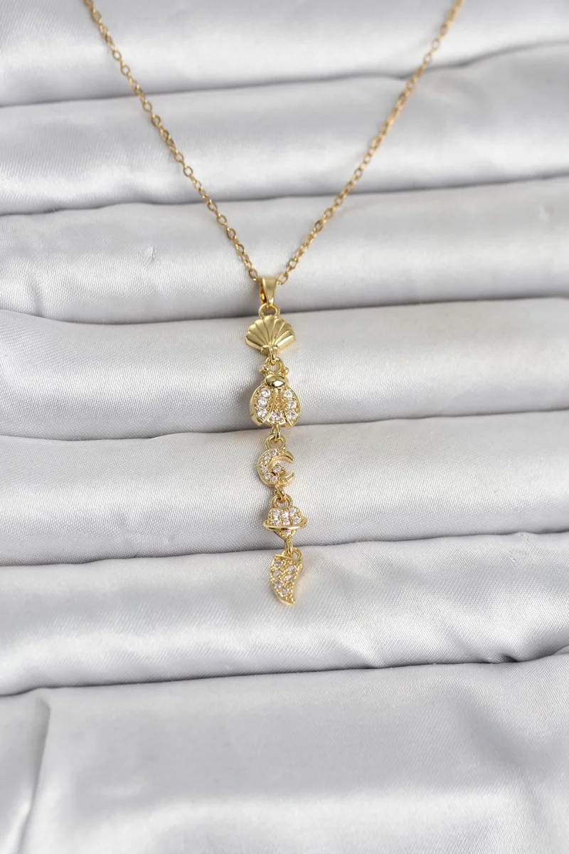 316L Çelik Gold Renk Deniz Temalı Y Model Zirkon Taşlı Kadın Kolye