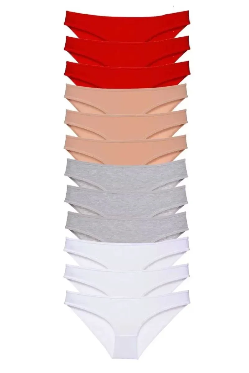 12 Adet Süper Eko Set Likralı Kadın Slip Külot Kırmızı Ten Gri Beyaz