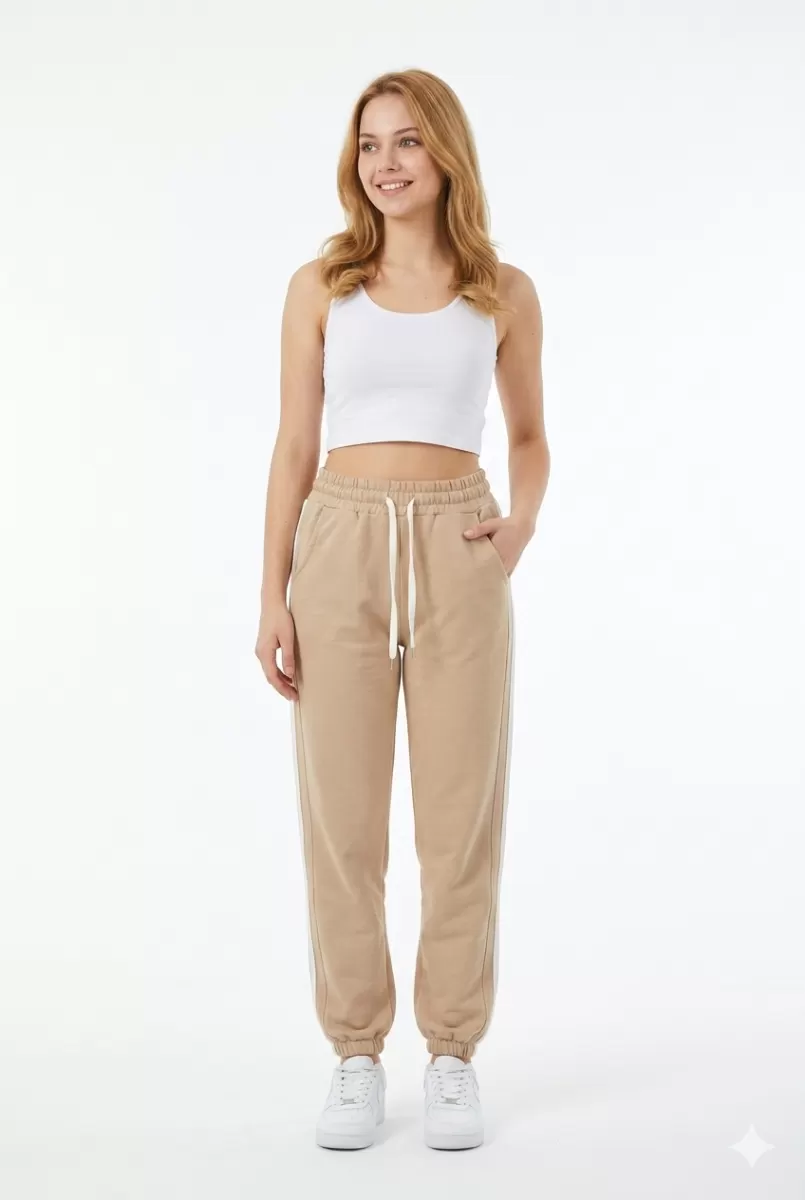 Bayan İki İplik Üç Çizgili Rahat Kesim Lastik Paçalı Cepli Günlük Spor Giyim Alt Eşofman