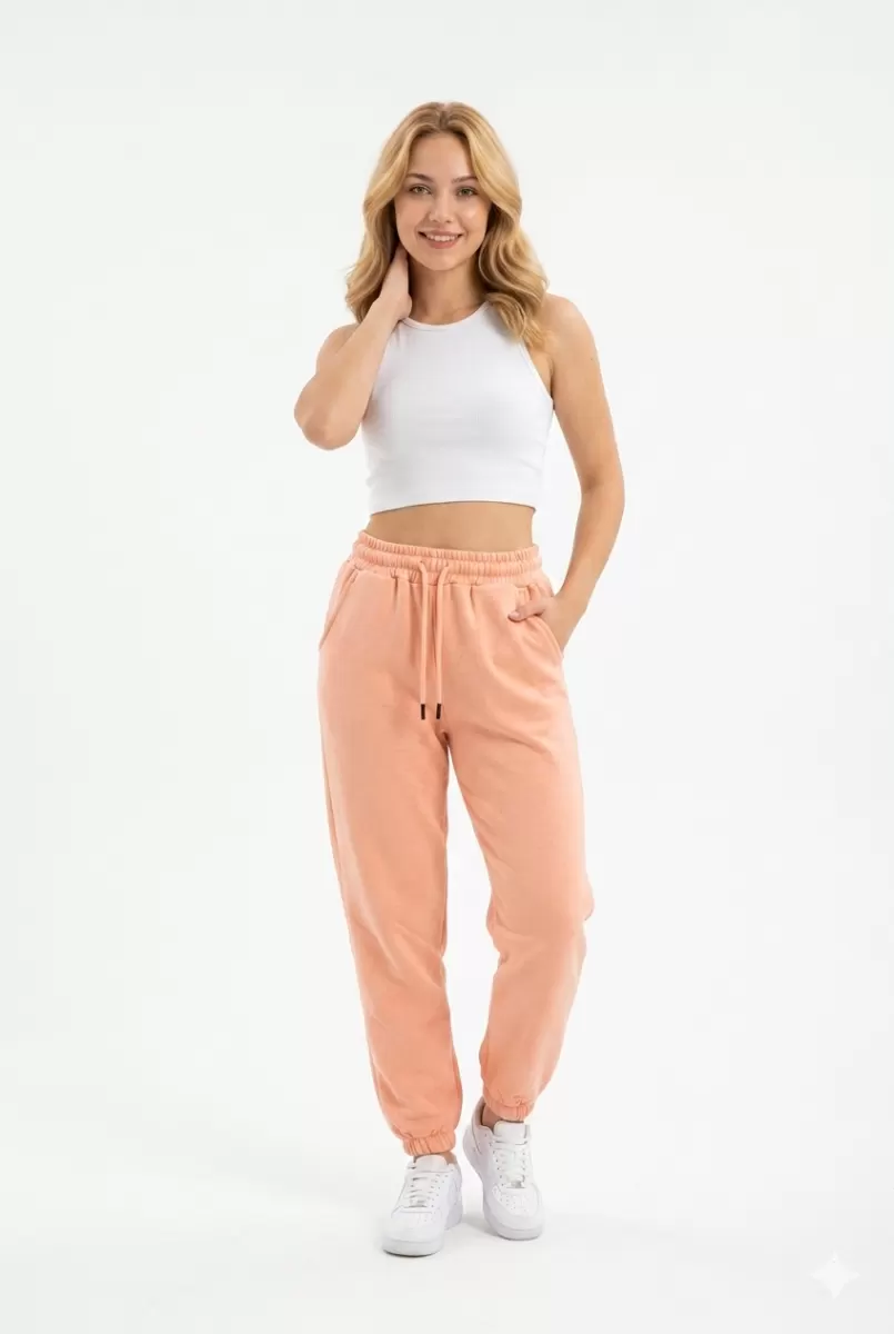 Kadın İki İplik Lastik Paçalı Rahat Kesim Cepli Günlük Spor Alt Eşofman