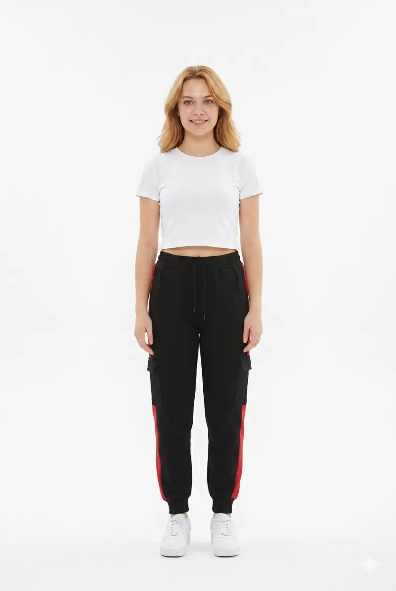 Kadın Şeritli Kargo Cepli Rahat Kesim Lastik Paçalı Günlük Spor Alt Eşofman