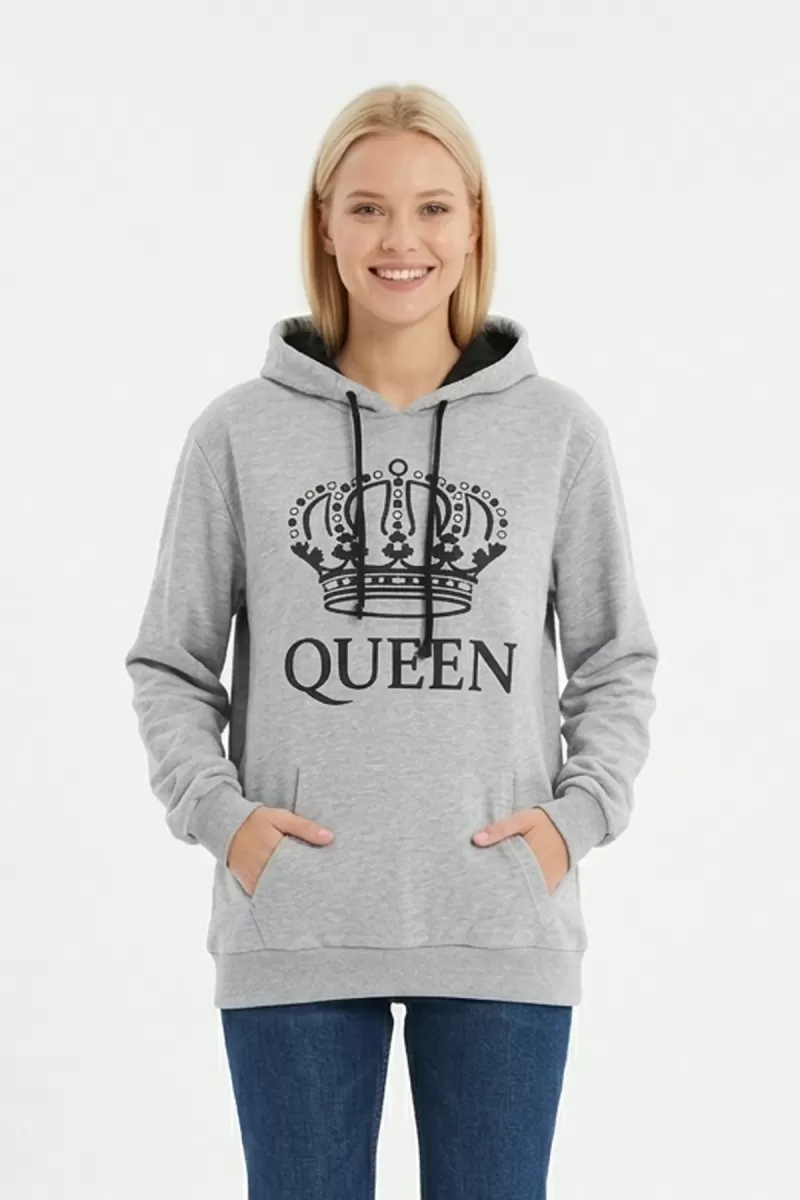 Kadın Gri Queen Yazılı Taç Baskılı Kapüşonlu Kanguru Cepli Sweatshirt